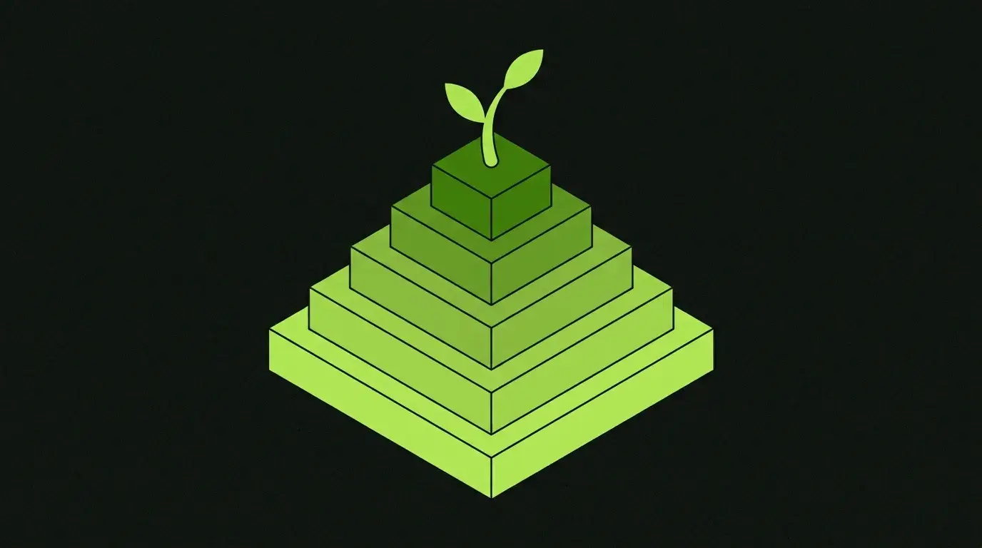 Isometric five-tier stepped pyramid with a small sprout at the top, representing the five-layer stack for growing a small business online.