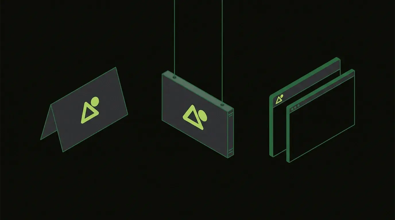 Isometric illustration of a single lime-green brand mark stamped in the same position on three different objects: a folded business card, a storefront sign, and a browser window, representing brand consistency for a small business.