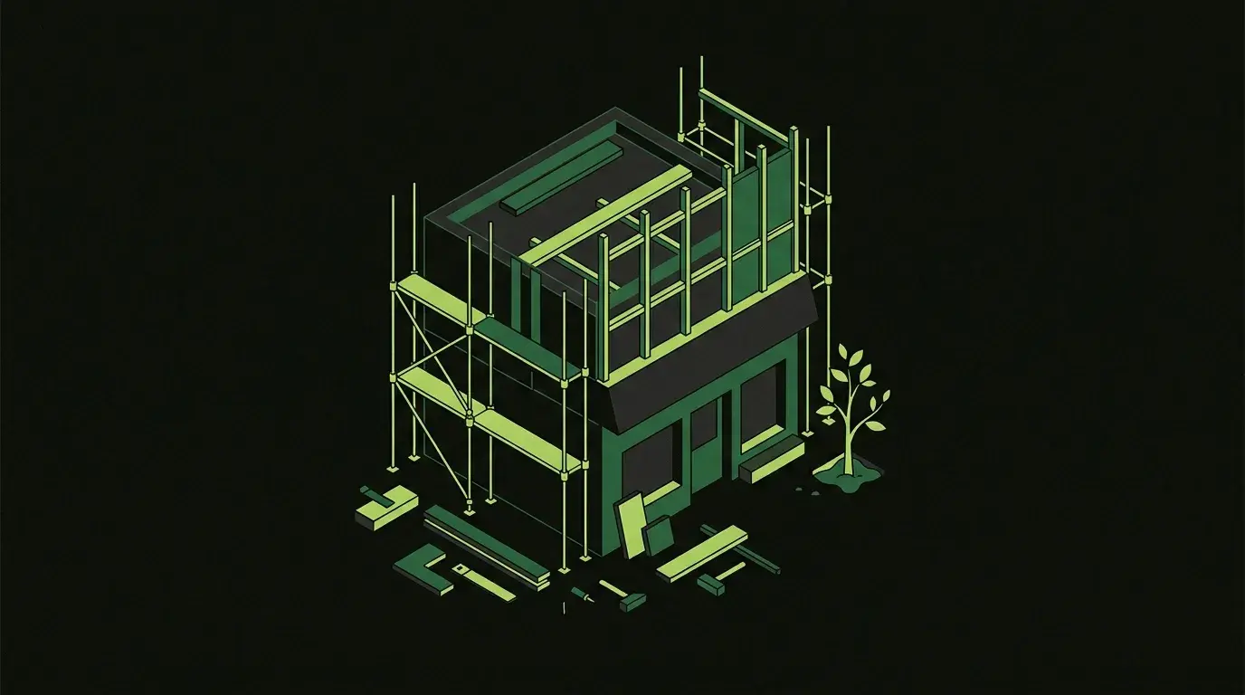 Isometric illustration of a minimalist storefront mid-construction with lime-green scaffolding around the upper facade and a small lime-green sapling growing beside the entrance, representing the in-progress nature of marketing for a new business.