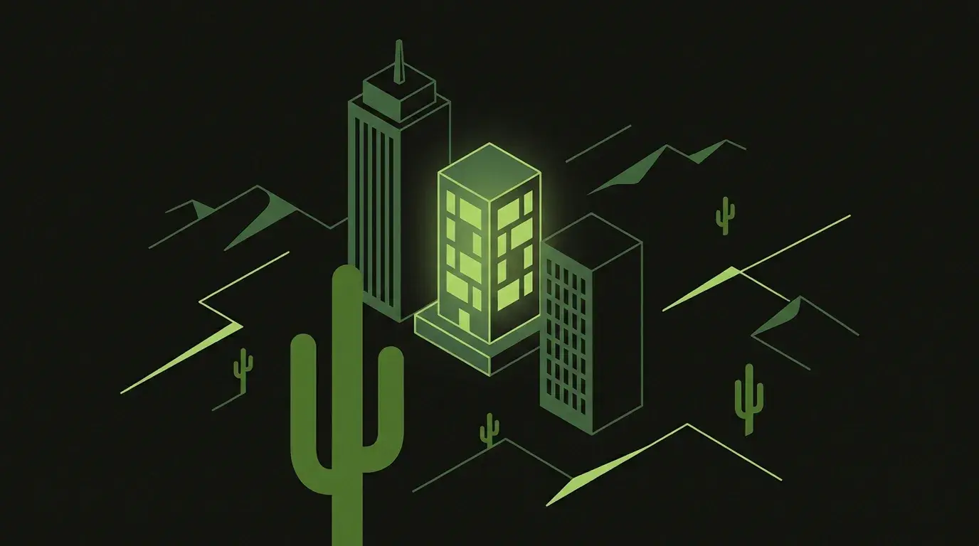 Three differently-sized office building silhouettes arranged on an isometric desert plain at dusk, the middle one elevated and illuminated, a saguaro cactus in the foreground.