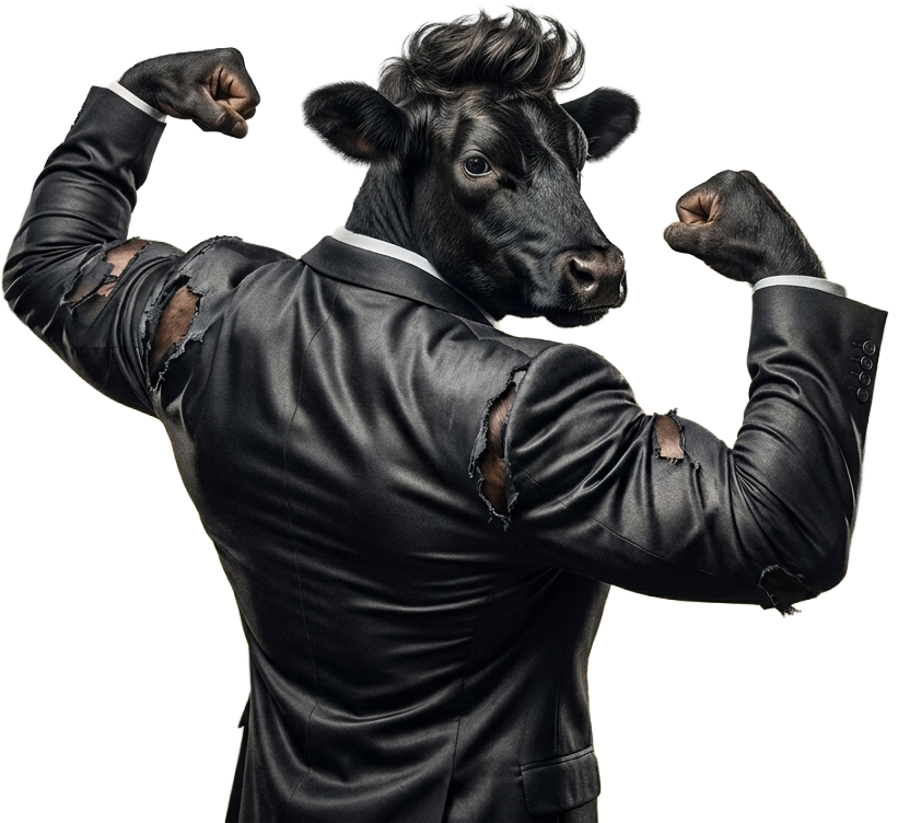 Beef the bull mascot flexing both biceps in a leather jacket