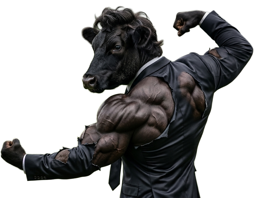 Beef the bull mascot flexing a single bicep in a dress shirt