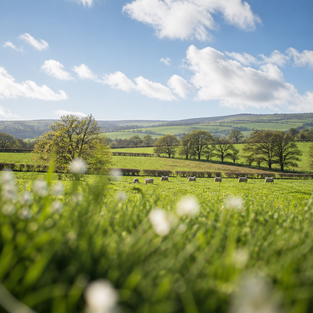 Green rolling pasture with cattle grazing under a bright blue sky