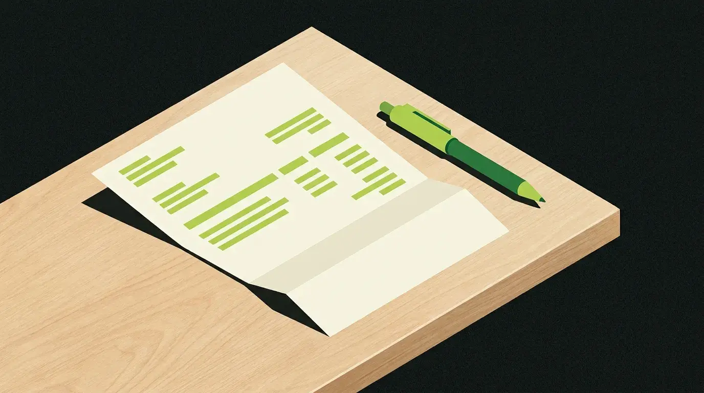 Isometric illustration of a paper invoice on a wooden desk, half-folded with line items shown as abstract bars, representing a marketing agency invoice with hidden costs.