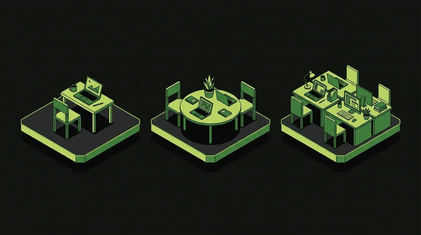 Isometric illustration of three small adjacent platforms each carrying a different workspace: a single chair beside a small desk for a freelancer, a small round table with two chairs for in-house team, and a larger multi-station office for an agency.