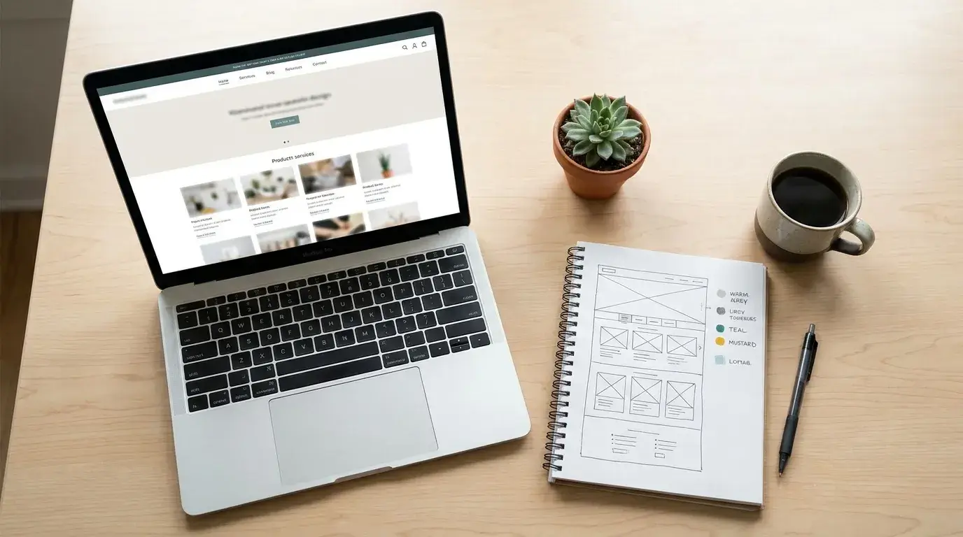 Laptop on a wooden desk displaying a polished modern small-business website design with a clear hero section and product cards.