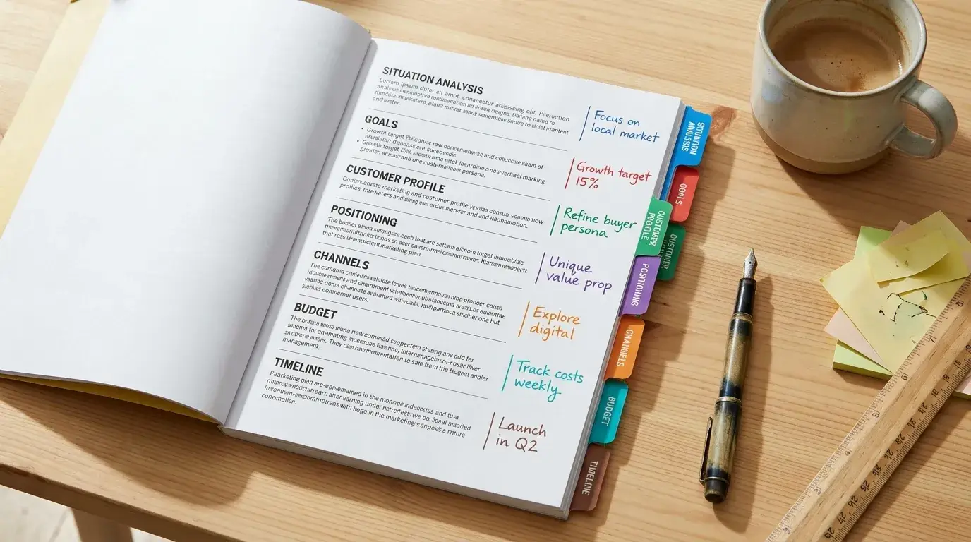 A printed marketing plan document on a desk with seven section dividers visible, each with handwritten margin notes in colored pen.