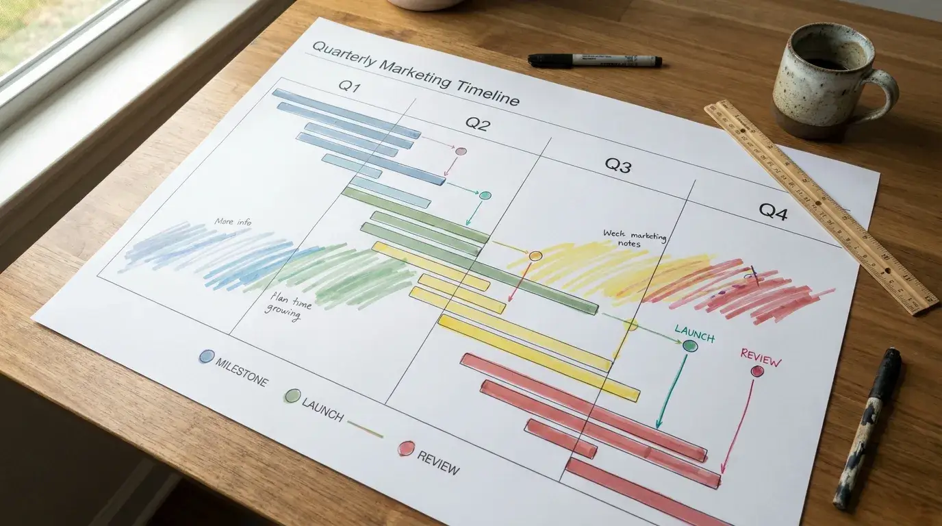 A printed quarterly marketing timeline on a desk with horizontal bars representing campaign launches and milestones marked along the timeline.