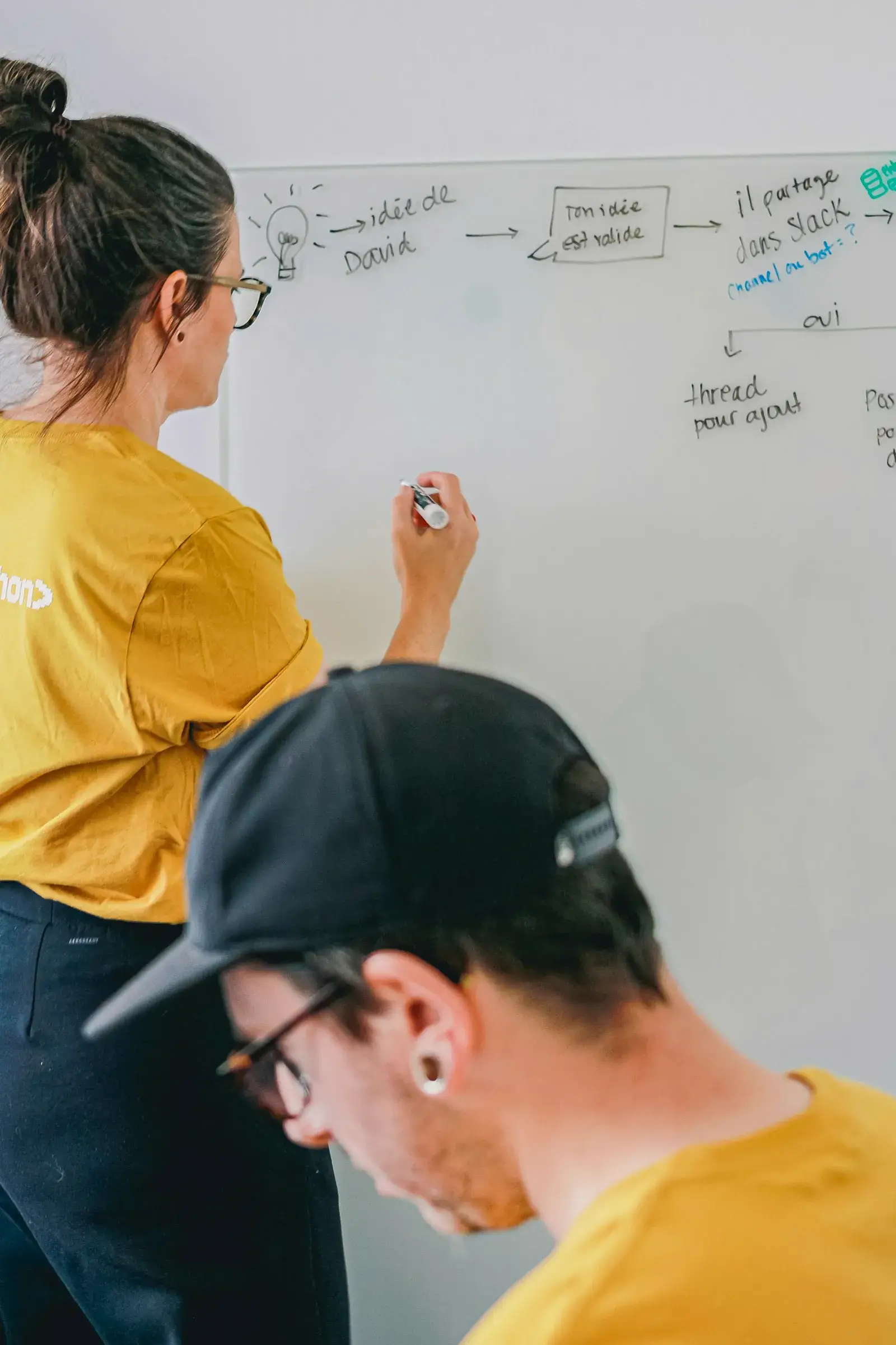 Two colleagues collaborating around a whiteboard covered with planning notes during a strategy session.